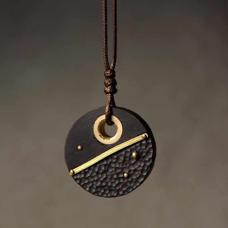 Handcrafted Round Ebony Wood Brass Copper Peace Necklace Pendant