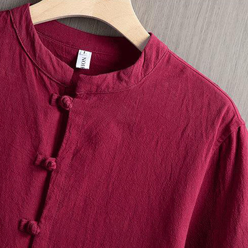 Frog-Button Plain Chinese Tang Suit Short Sleeve Shirt Cotton Linen Men Clothing
