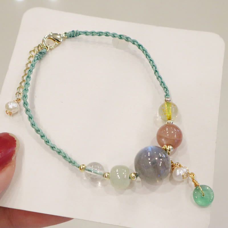 Multi-Gemstone Rope Bracelet with Moonstone, Sunstone, Hetian Jade & Ping An Kou Charm
