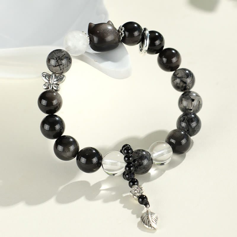 Natural Silver Sheen Obsidian Charm Bracelet with Rose Quartz, Aquamarine, Black & Clear Quartz
