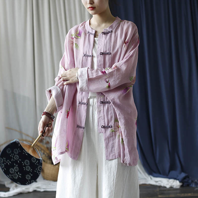 Pink Flower Print Frog-button Design Batwing Long Sleeve Ramie Linen Jacket Shirt