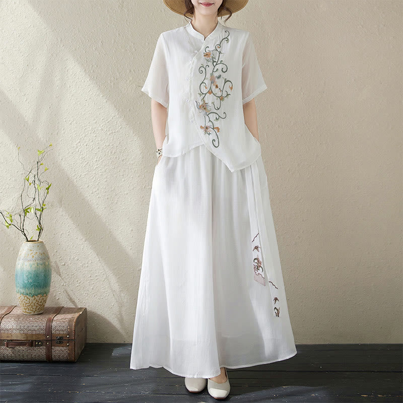 2Pcs Flower Embroidery Short Sleeve Tee T-shirt Wide Leg Pants Set