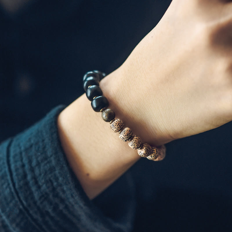 Tibetan Bodhi Seed Black Obsidian Ebony Wood Copper Peace Bracelet