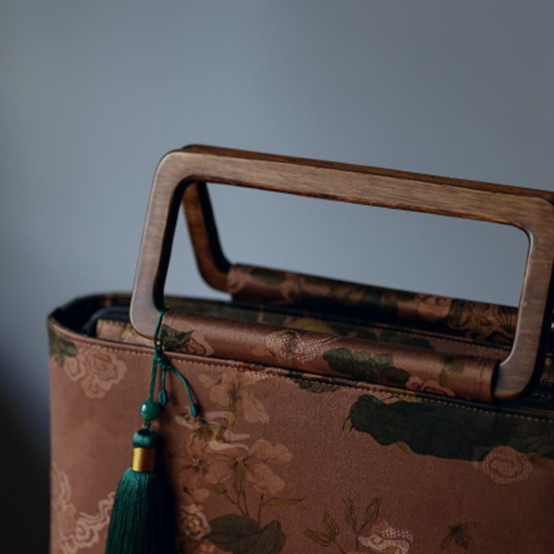Vintage Brown Flowers Green Bamboo Leaves Wood Handles Zipper Handbag