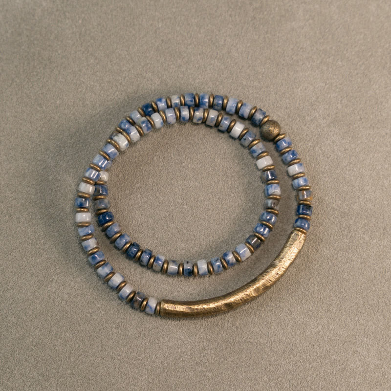 Natural Sodalite and Picture Jasper Beaded Harmony Bracelet with Brass Accents