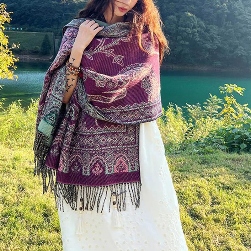 Vintage Tibetan Leaves Pattern Design Shawl Cozy Travel Scarf Wrap