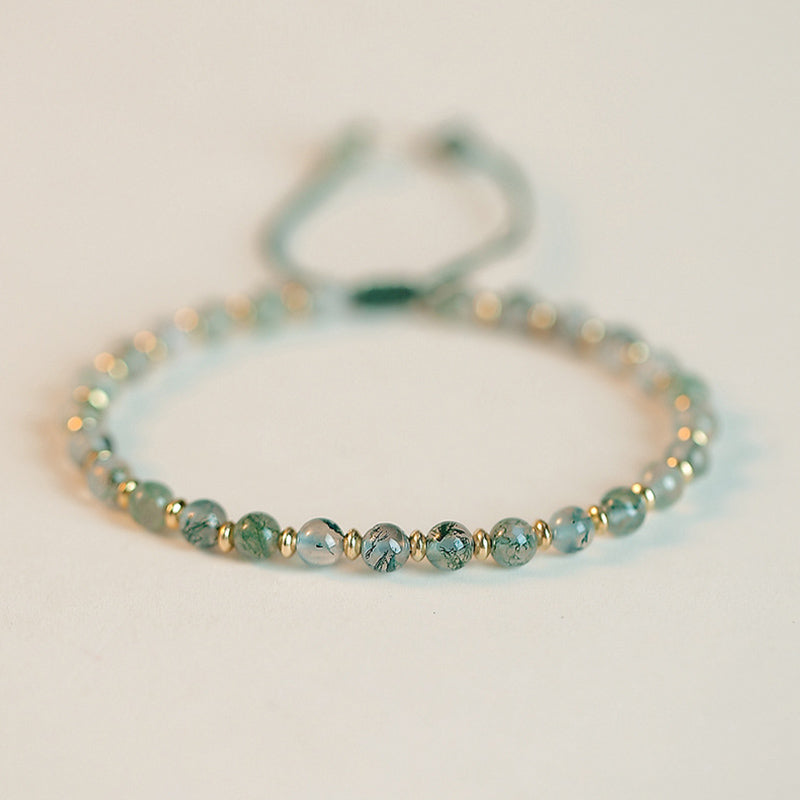 Moss Agate Beaded Bracelet with Copper Golden Accents, Adjustable Fit (14-19cm)