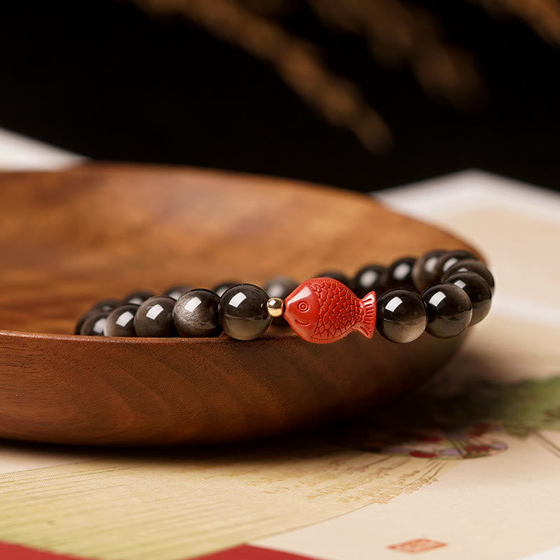 Natural Silver Sheen Obsidian & Cinnabar Koi Fish Beaded Bracelet