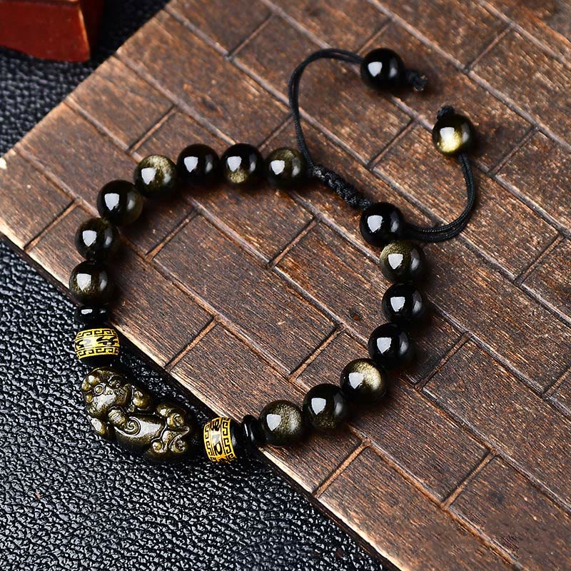 Natural Gold Sheen Obsidian Pixiu Om Mani Padme Hum Braided Bracelet