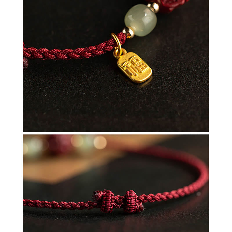 Handmade Cinnabar & Hetian Jade Sterling Silver Chinese Zodiac Fu Red String Bracelet