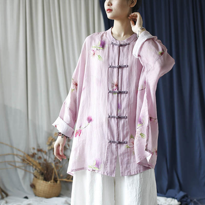 Pink Flower Print Frog-button Design Batwing Long Sleeve Ramie Linen Jacket Shirt