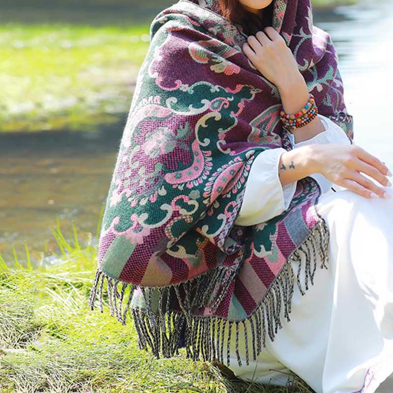 Tibetan Flowers Leaves Branch Design Tassel Shawl Cozy Travel Scarf Wrap