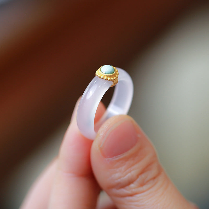 White Agate Cyan Jade Turquoise Red Agate Luck Protection Ring