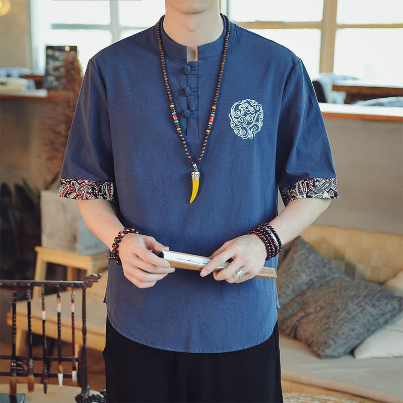 Frog-Button Dragon Embroidery Chinese Tang Suit Short Sleeve Shirt Linen Men Clothing