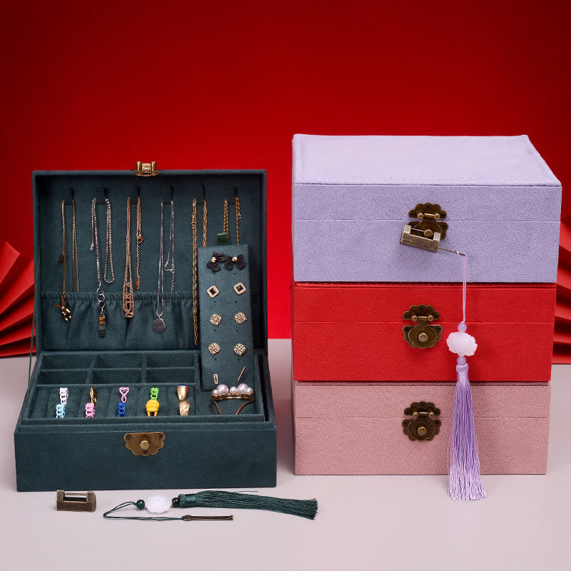 Elegant Two-Layer Flannel Jewelry Box Organizer with Secure Lock