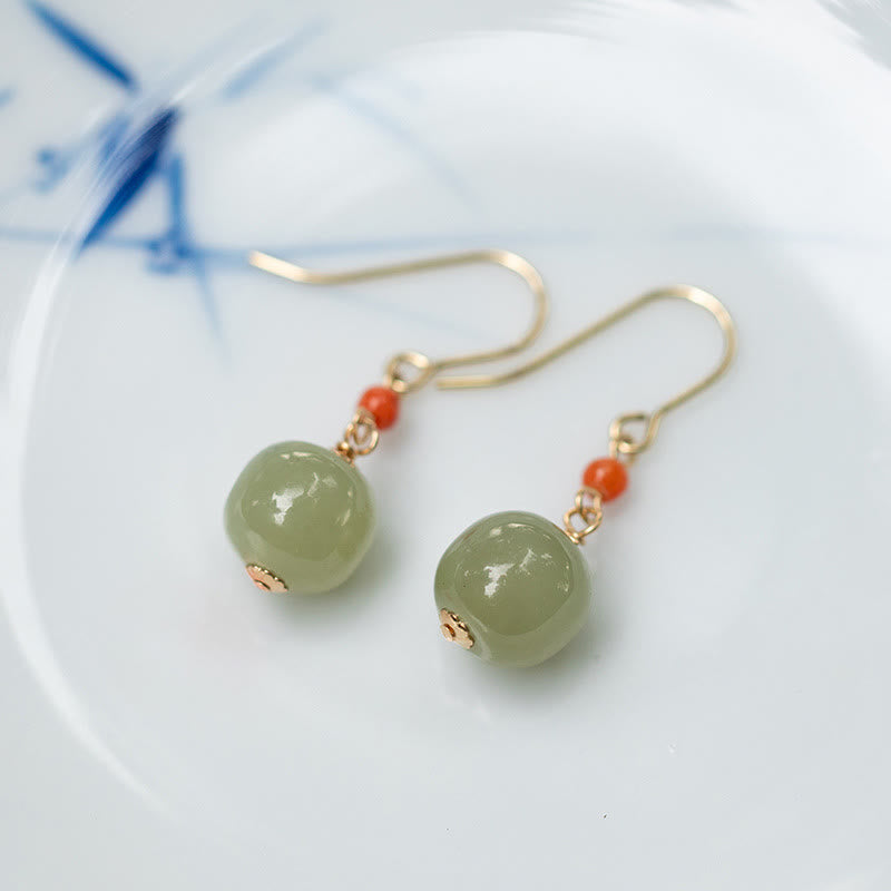 925 Sterling Silver Plated 14k Gold Hetian Jade Red Agate Luck Drop Dangle Earrings