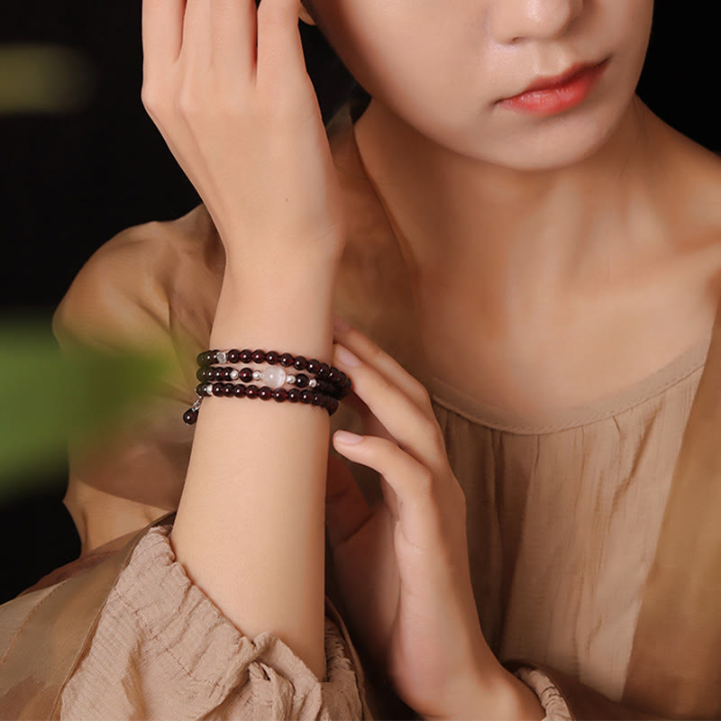 925 Sterling Silver Natural Garnet Cat Eye Protection Triple Wrap Bracelet