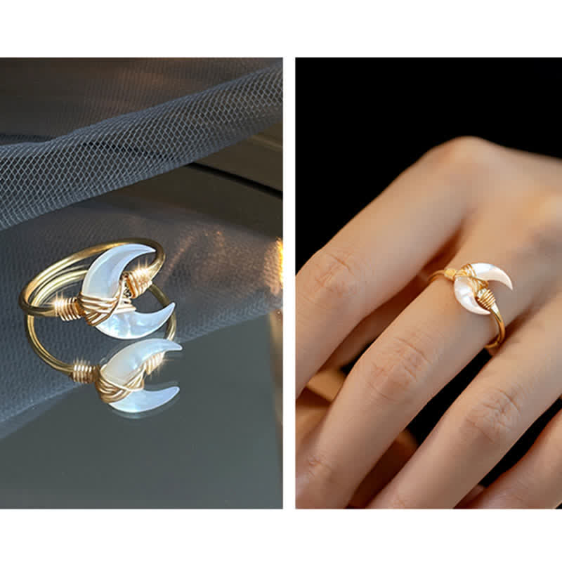 Natural Tridacna Stone Moon 14K Gold Blessing Ring