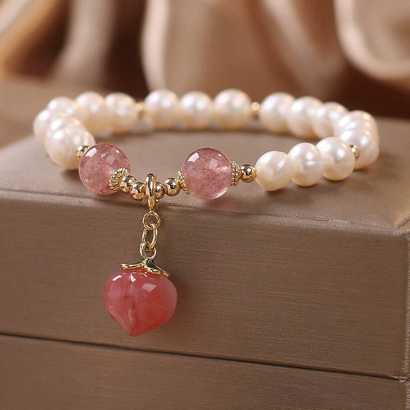 Natural Strawberry Quartz & Pearl Peach Heart Charm Beaded Bracelet