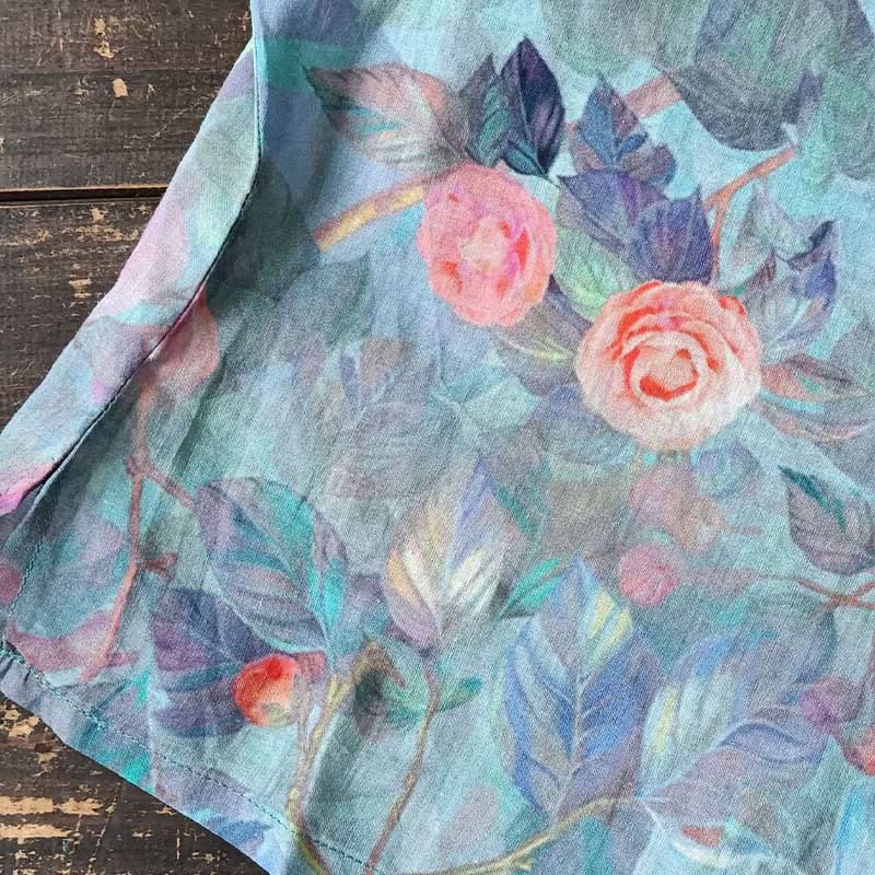 Pink Flowers Green Leaves Print Frog-button Design Long Sleeve Ramie Linen Jacket Shirt