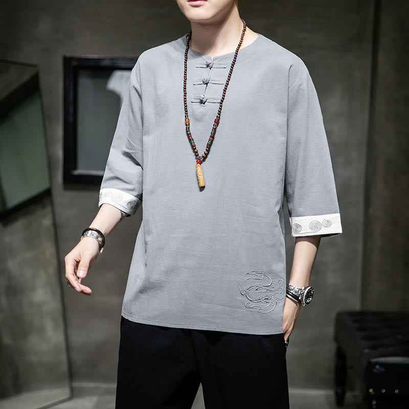 Frog-Button Dragon Embroidery Chinese Tang Suit Three Quarter Sleeve Shirt Cotton Linen Men Clothing