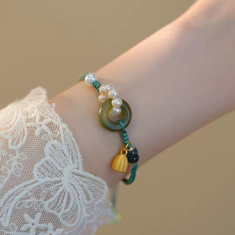 Natural Hetian Jade Peace Buckle Pearl Luck Handcrafted Braided Bracelet