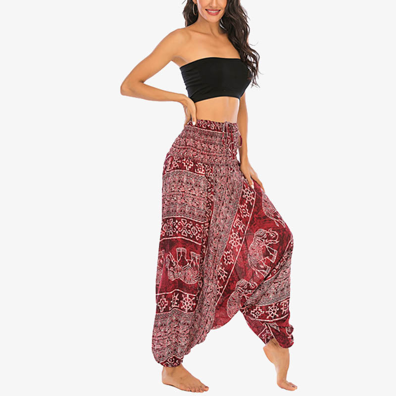 Two Style Wear Elephant Pattern Loose Smocked Harem Trousers Jumpsuit Women's Yoga Pants