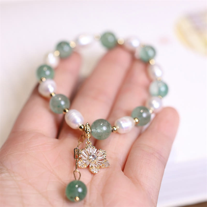 Handcrafted Green Strawberry Quartz and Pearl Flower Charm Gold Accent Bracelet
