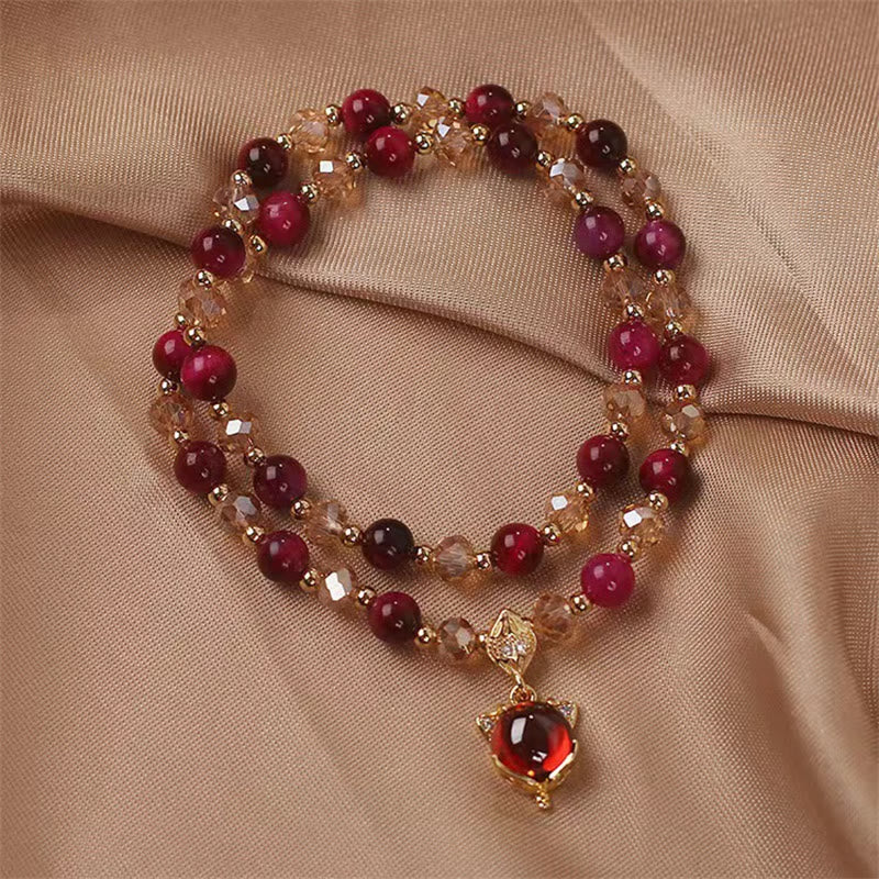 Red Tiger Eye Fox Charm Double Wrap Beaded Bracelet