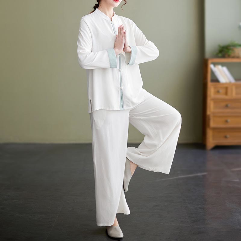 2Pcs Tang Suit Long Sleeve Shirt Top Pants Meditation Zen Tai Chi Cotton Linen Clothing Women's Set