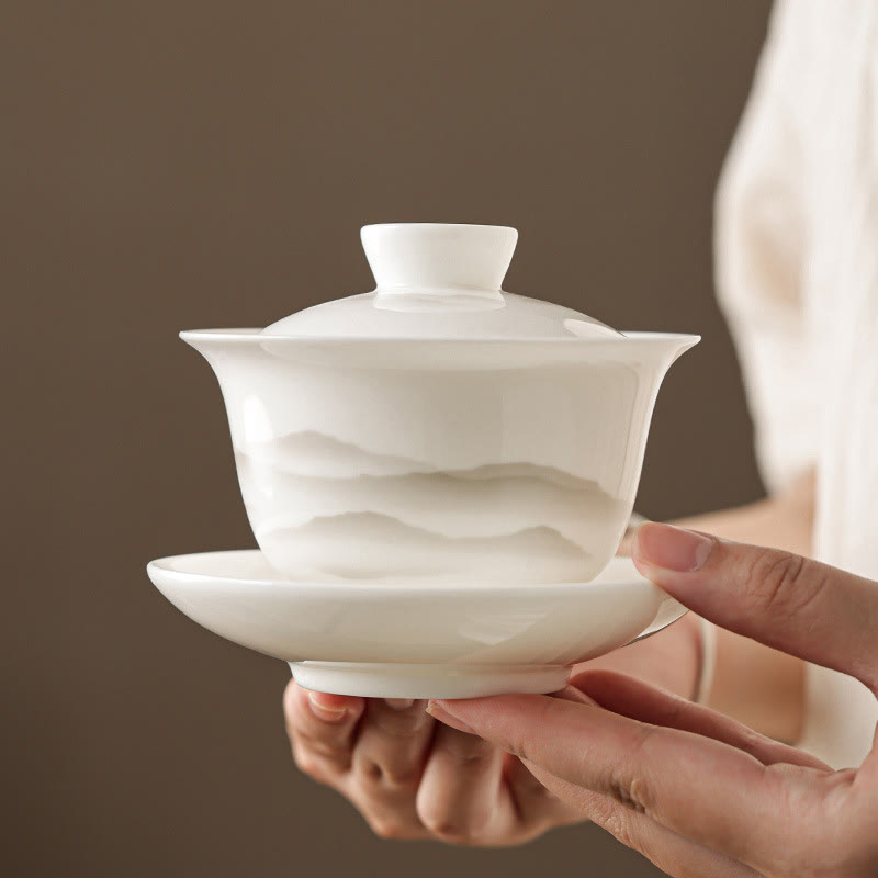 Vintage Ink Painting Mountain White Porcelain Ceramic Gaiwan Sancai Teacup Kung Fu Tea Cup And Saucer With Lid Tea Utensil Teapot