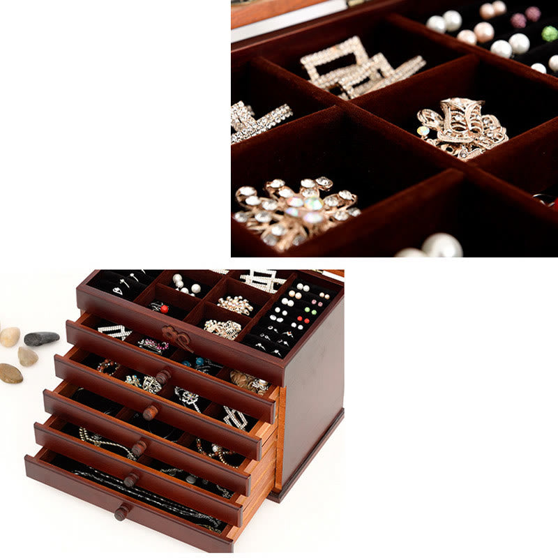 Vintage Plum Blossom Carved Wooden Jewelry Box Six-Layer Jewelry Storage Box