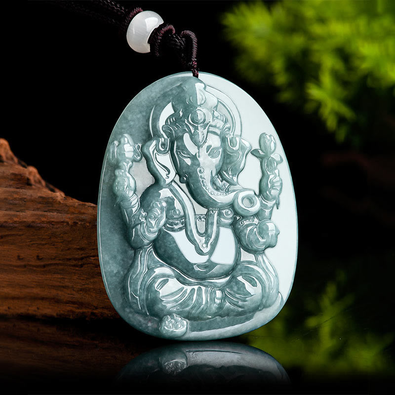 Natural Jade Ganesh Ganpati Elephant Protection Amulet Necklace Pendant