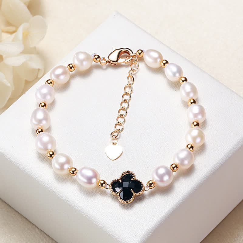 Elegant Pearl Chain Bracelet with Minimalist Four Leaf Clover Charm