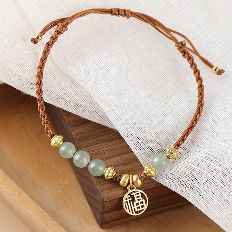 Jade Beads Fu Character Blessing Rope Bracelet