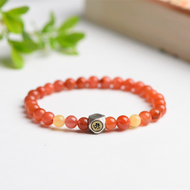 925 Sterling Silver Amber and Red Agate Zodiac Guardian Buddha Beaded Bracelet