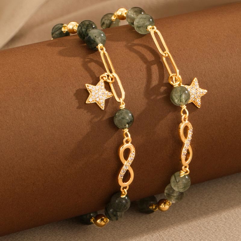 14k Gold Plated Copper Green Rutilated Quartz Möbius Loop Eternal Love Star Protection Bracelet