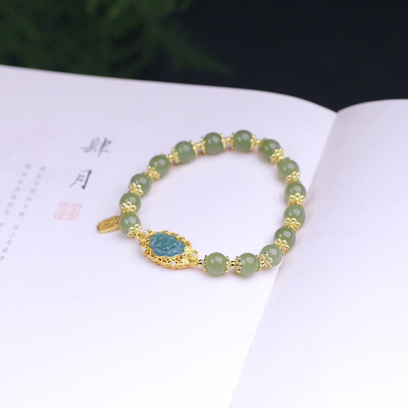 925 Sterling Silver Plated 14K Gold Hetian Jade Lotus Luck Bracelet