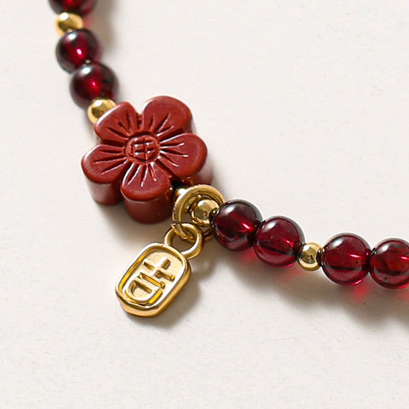 14K Gold Plated Natural Garnet Cinnabar Flower Calm Bracelet