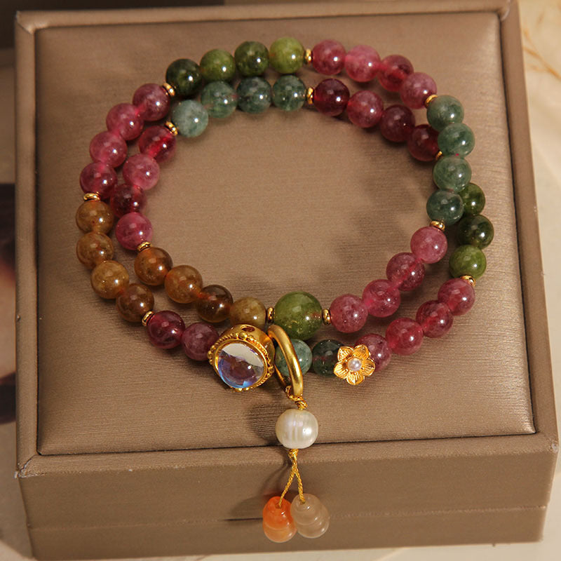 Multicolored Tourmaline Double Wrap Bracelet with Wu Lou Gourd Charm