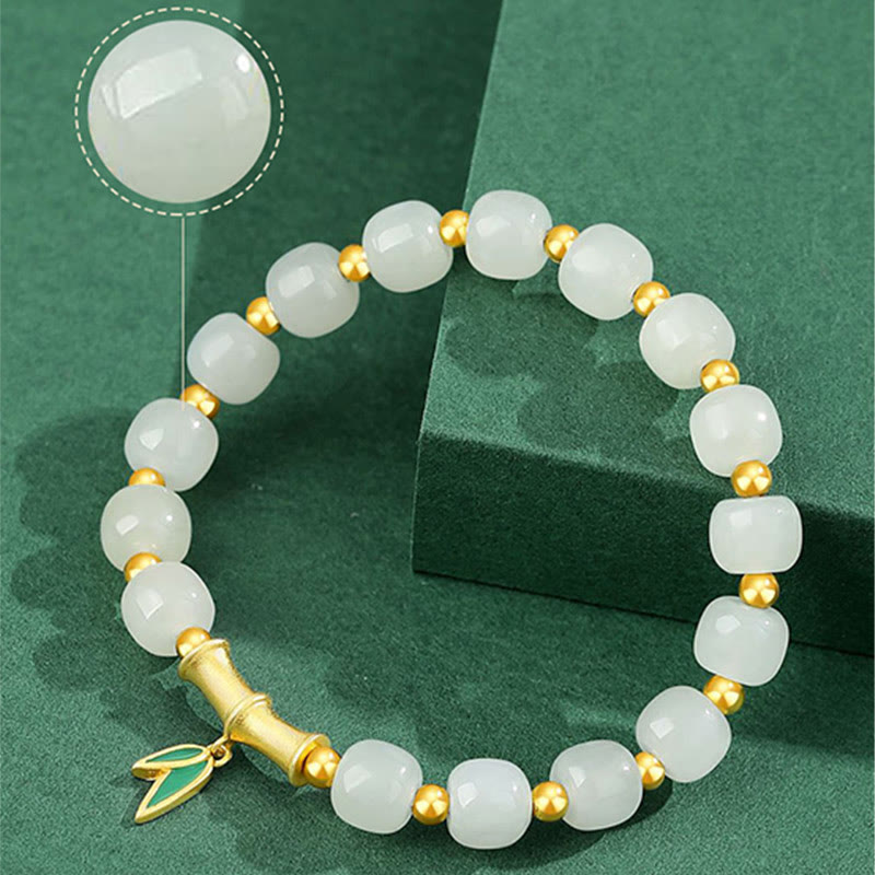 925 Sterling Silver Hetian White Jade Bamboo Luck Bracelet