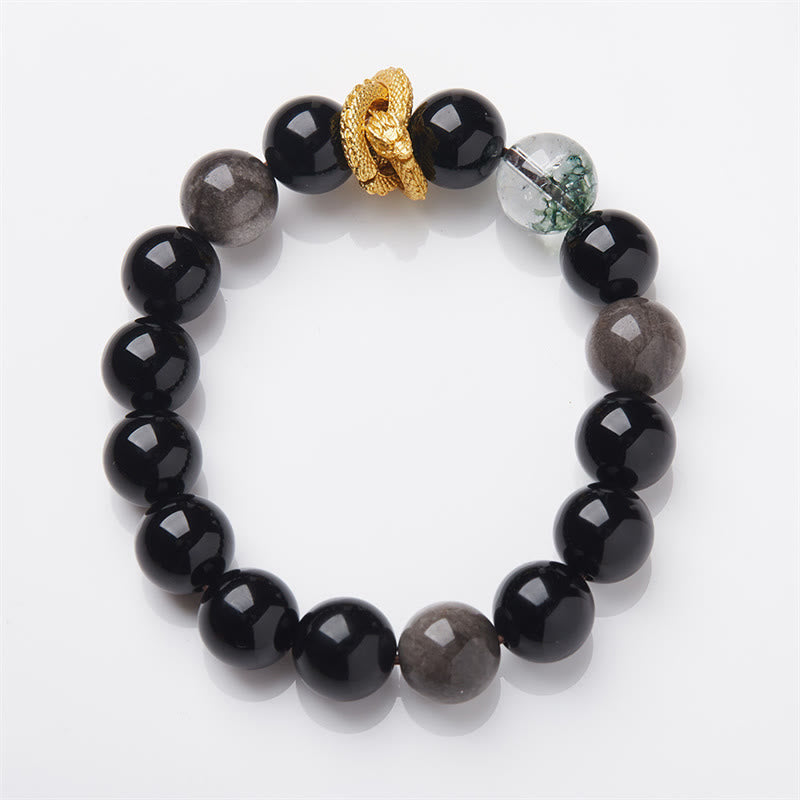 Natural Silver Sheen Obsidian Dragon Green Phantom Protection Bracelet