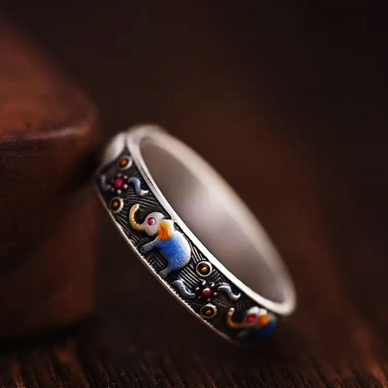 Carved Elephant Sterling Silver and Copper Adjustable Ring