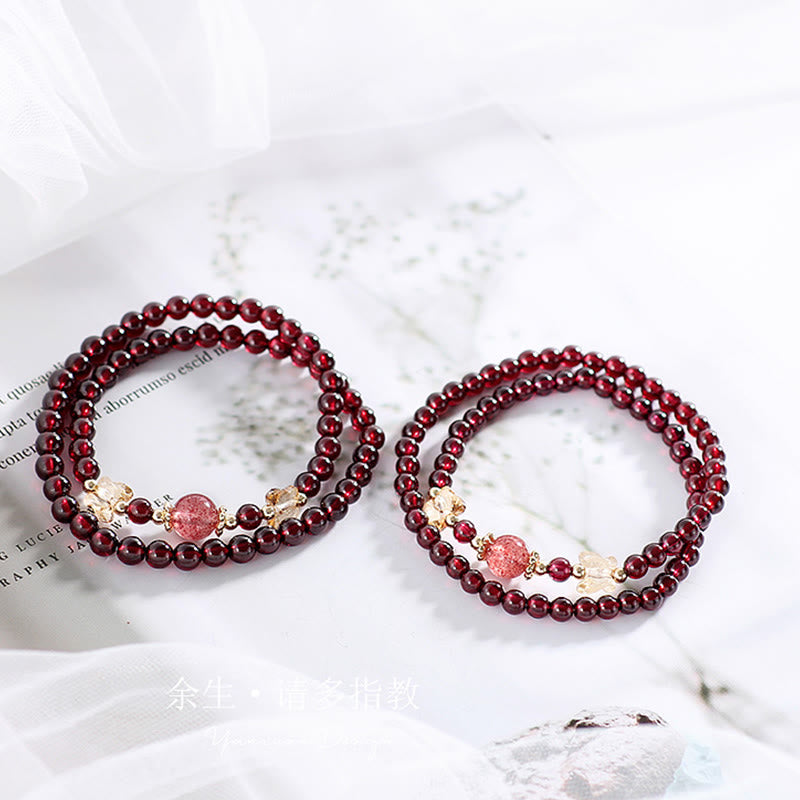14K Gold Plated Natural Garnet Strawberry Quartz Butterfly Protection Double Wrap Bracelet