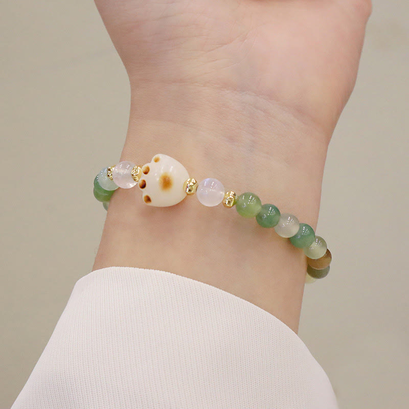 Natural Bodhi Seed and Cat's Eye Beaded Bracelet with Green Agate or Sunstone Cat Paw