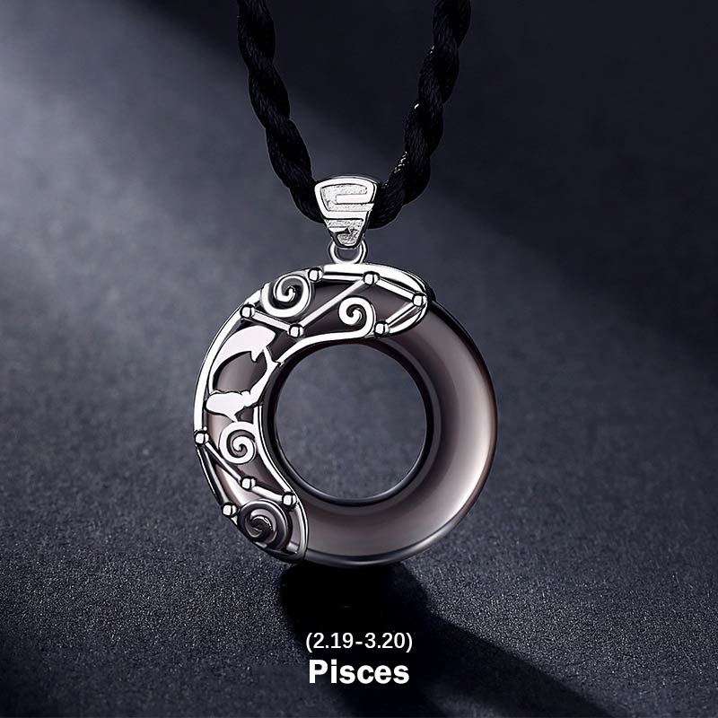 12 Constellations of the Zodiac Ice Obsidian Blessing Round Pendant Necklace