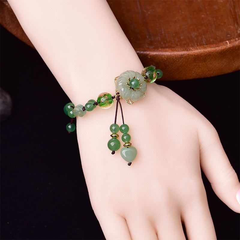 Natural Cyan Jade, Green Aventurine & Agate Dangling Flower Beaded Bracelet