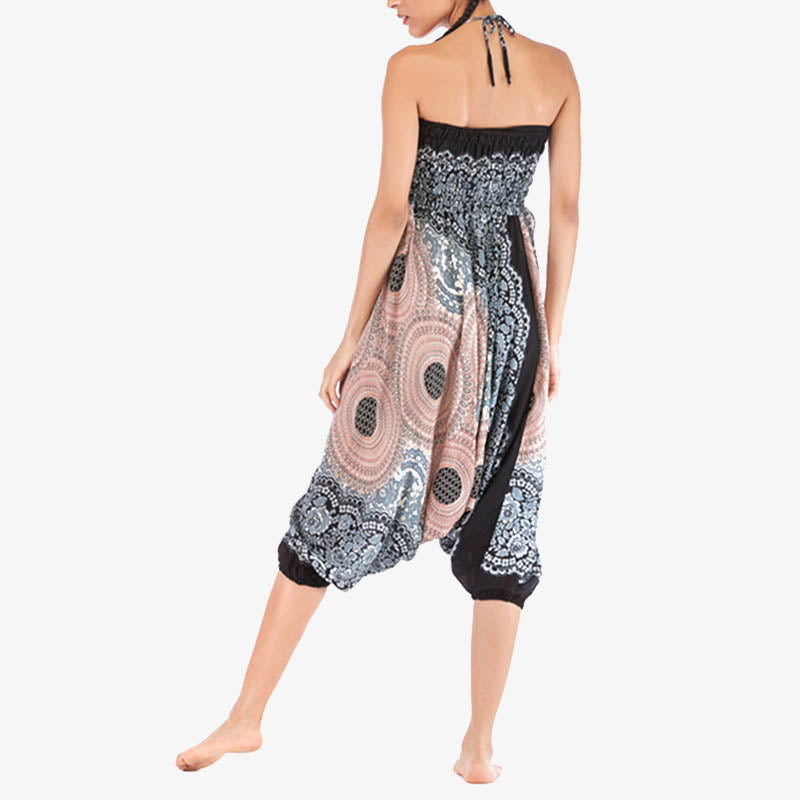 Two Style Wear Round Geometric Pattern Loose Smocked Harem Trousers Jumpsuit High Waist Women's Yoga Pants