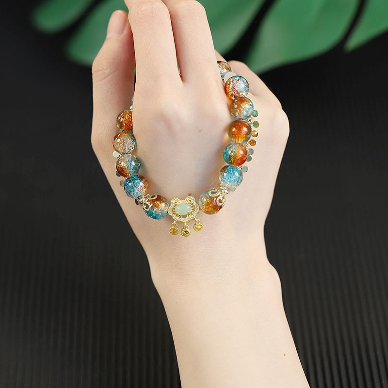 Colorful Liuli Glass Bead Chinese Lock Charm Fortune Bracelet