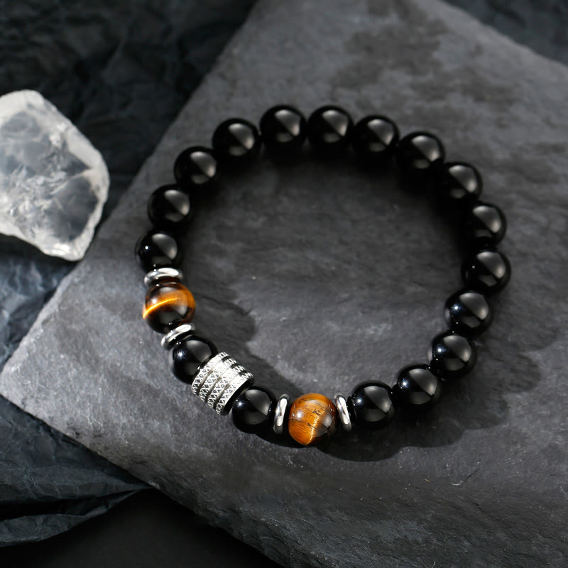 10mm Black Obsidian and Tiger Eye Beaded Bracelet with Titanium Steel